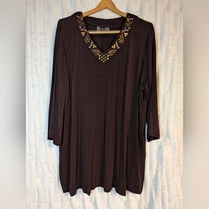 Slinky Brand Brown V-Neck Blouse with Gold Studs